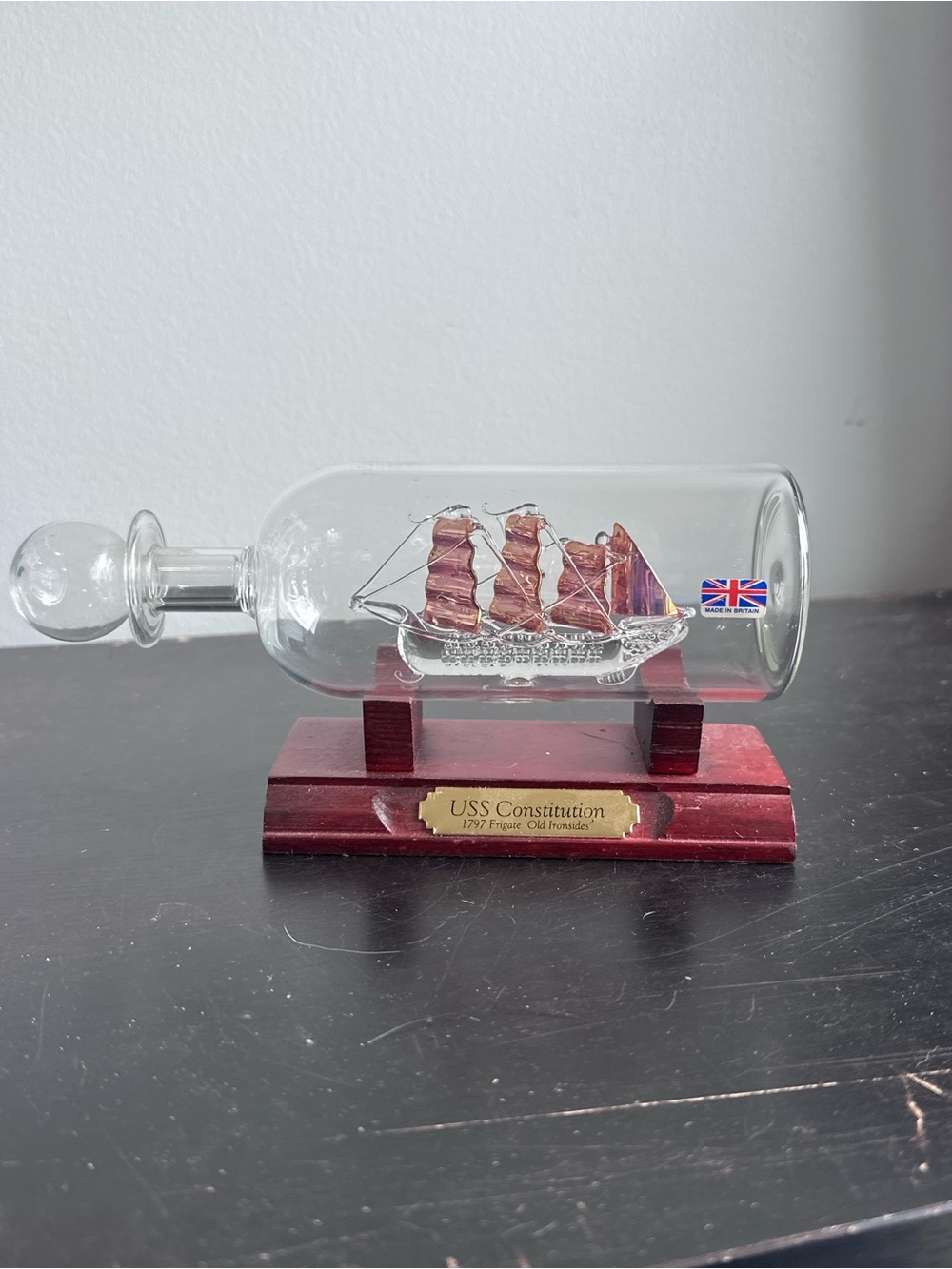 USS Constitution Glass Ship in Bottle with Red Sails - Vintage Style Home Art